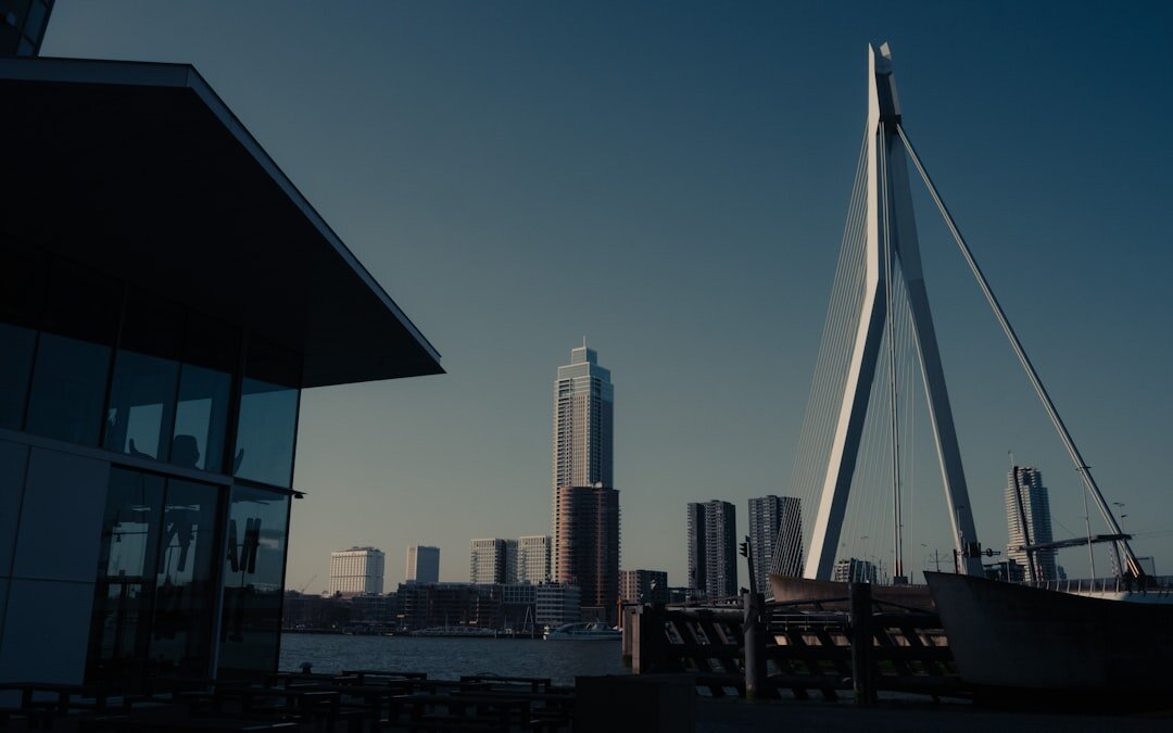 Modern office skyline view with glass buildings in a Dutch city